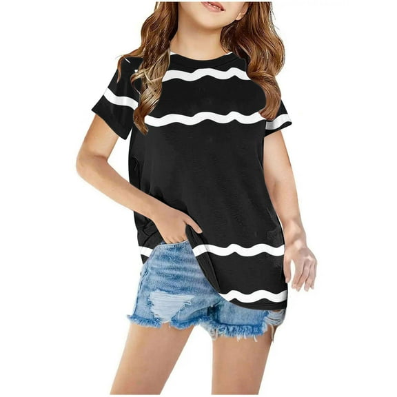 Nskgu Girls Casual Short Sleeve T Shirts Striped Print Tee Blouse Round Neck Tshirts Kids Loose Tunic Tops Size 3-12 Years under $10