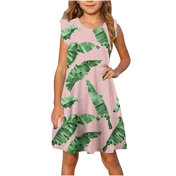 Nskgu Girls Dress Ruffle Sleeve Dress Casual A Line Twirly Skater Dresses Cute Printed Summer Beach Sundress for Girls