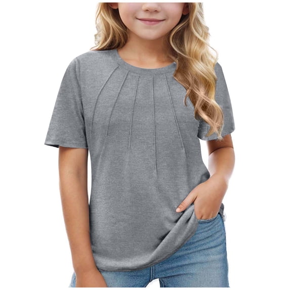 Nskgu Girls Pleated T Shirts Kids Summer Short Sleeve Fashion Tops Tees Girls Summer Tops 5-14 Years