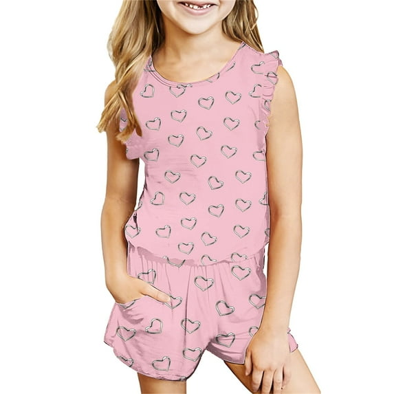 Nskgu Girls Summer Outfits Cute T-Shirt and Shorts Set with Side Pockets Two Piece Shorts Set Sleeveless Tank Tops Sets 3-14 Years