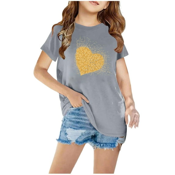 Nskgu Girls Summer Short Sleeve T Shirts Heart Graphic Print Oversized Loose Fit Casual Summer Vacation Tops under $10