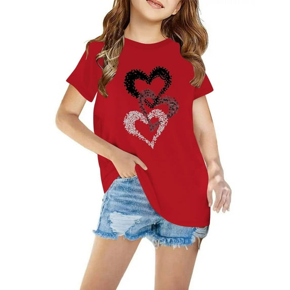 Nskgu Girls T Shirts Girls' Summer Cute T Shirts Casual Short Sleeve Crew Neck Heart Printed Tunic Tops Loose Blouses Size 4-13 Years