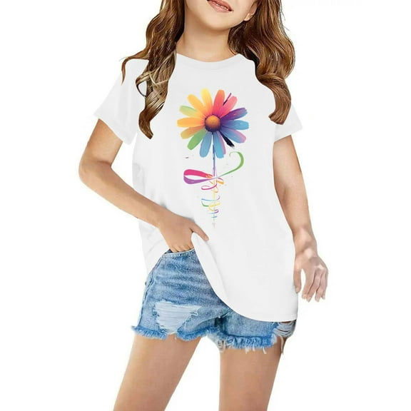 Nskgu Girls T Shirts Kids Summer Short Sleeve Fashion Tops Tees Casual Floral Printed Blouses Cute Tee Shirts Size 3-14 Years