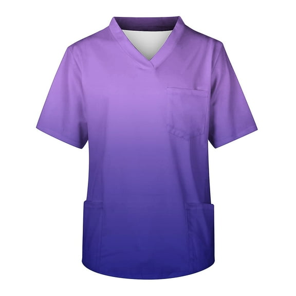 Nursing Scrub Tops for Women Gradient Printting Short Sleeve V Neck Working Uniform Blouse T Shirts Have Split Workwear With Three Pockets