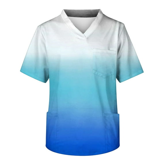 Nursing Scrub Tops for Women Gradient Printting Short Sleeve V Neck Working Uniform Blouse T Shirts Have Split Workwear With Three Pockets