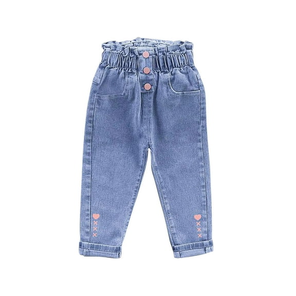 OGLCCG Toddler Girls Jeans Kids Elastic Waist Straight Leg Denim Pants with Pockets Casual Stretch Long Trousers 2-6 Years