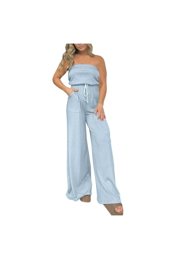 Off Shoulder Jumpsuit Women Plus Size Striped Strapless Jumpsuits Drawstring High Waisted Jumpsuits Rompers with Pockets