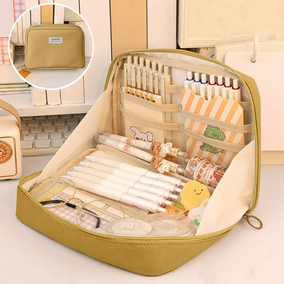 Office Supplies QTOCIO Student Large Capacity Stationery Bag Button Three Layer Of Canvas High Appearance Succinct Storage Pen Bag