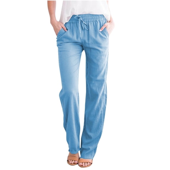POROPL Fashion Casual Loose Cotton Linen Pocket Solid Linen Pants for Women Light Blue Size 8
