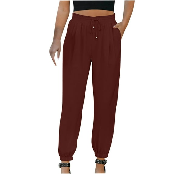 Summer Savings Clearance Pants ! Xihbxyly Womens Wide Leg Linen Pants, Women's Slim High Elastic Waist Solid Color Sports Cotton and Linen Pants Comfy Lounge Pants with Pockets Wine XL