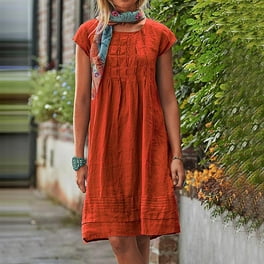 Sentmoon Summer Shop Summer Dresses for Women Casual Solid Linen Cotton Pleated T Shirt Midi Beach Party Short Sleeve Plus Dresses Round Neck Sun