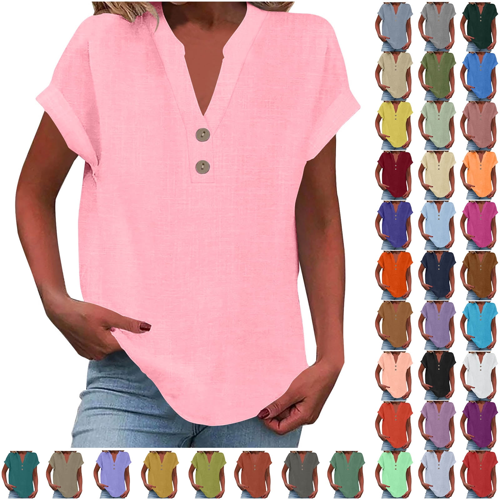 Plus Size Tops for Women Horkkom Solid Color Short Sleeve Linen Shirts ...