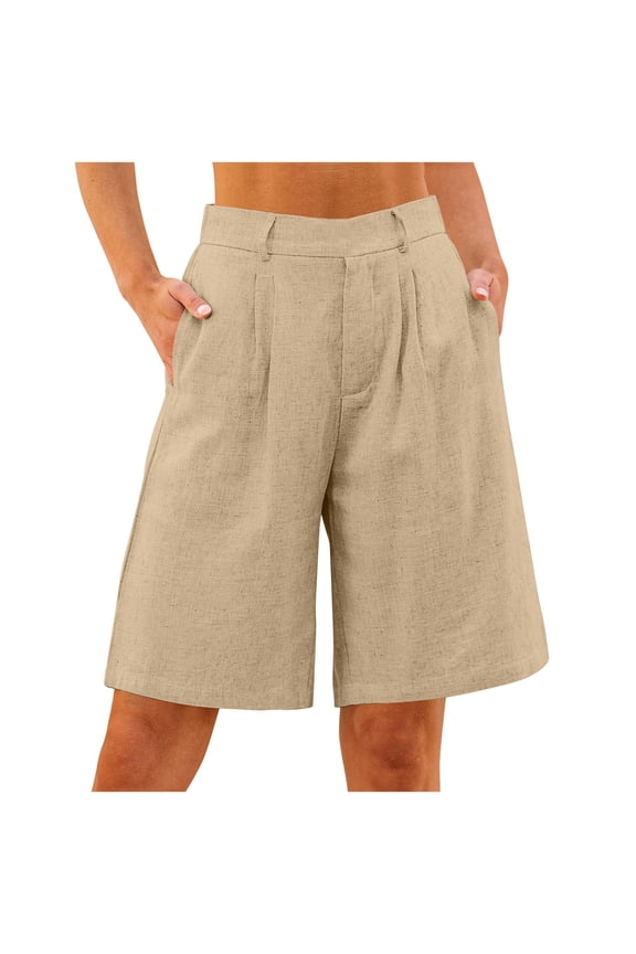Bermuda Shorts for Women High Waisted Linen Dressy Casual Pleated Wide Leg Summer Shorts with Elastic Waist Khaki L