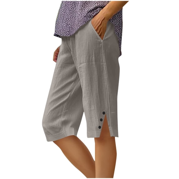 RQYYD Capri Pants for Women 2025 Knee Length Cotton Linen Capris Summer Straight Leg Loose Beach Bermuda Shorts with Pocket Linen Shorts for Women