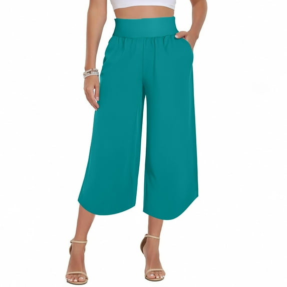 RQYYD Capri Pants for Women Wide Leg Casual Summer Palazzo Pants High Waisted Beach Tousers with Pockets Summer Pants for Women
