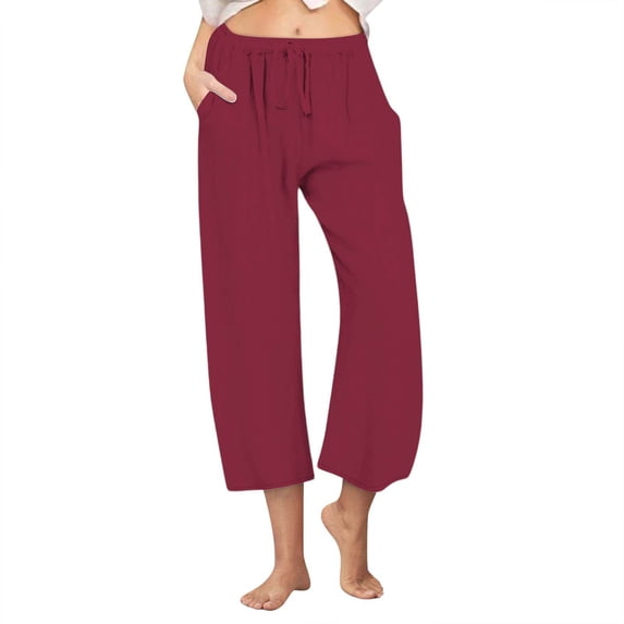 RQYYD Cotton Linen Pants for Women 2025 Wide Leg Cropped Lounge Trousers Drawstring Elastic Waist Summer Beach Pant Outfits