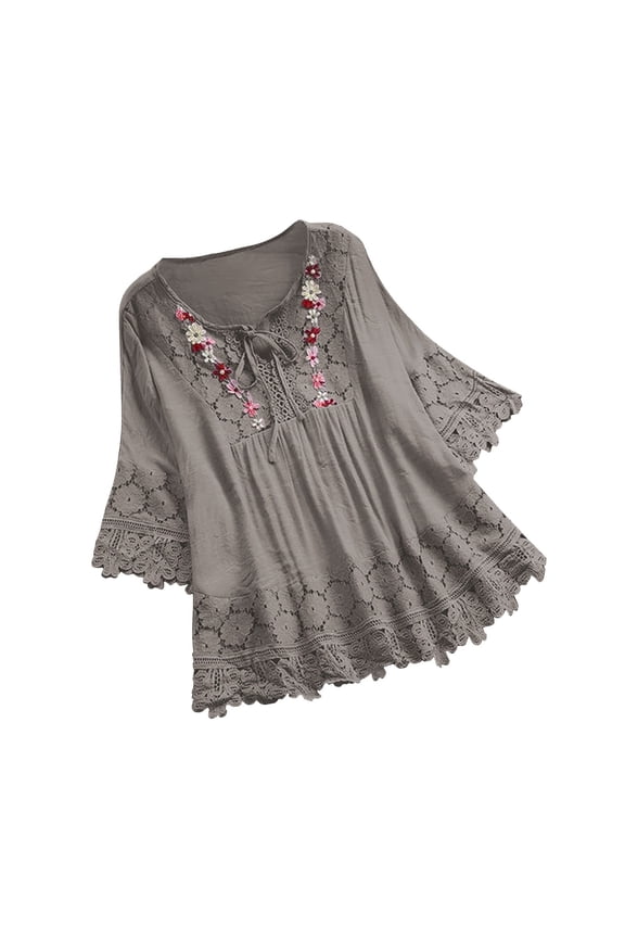 Plus Size Womens Mexican Peasant Shirt Square Neck Half Sleeve Fiesta Shirts Loose Fit Embroidered Cotton Linen Top