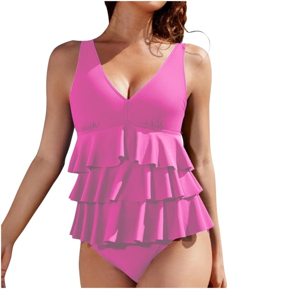 RQYYD Two Piece Swimsuit for Womens Tankini Swimsuits Ruffled Tank Top Tummy Control Floral Modest Swimwear High Waisted Bikini Set for Women