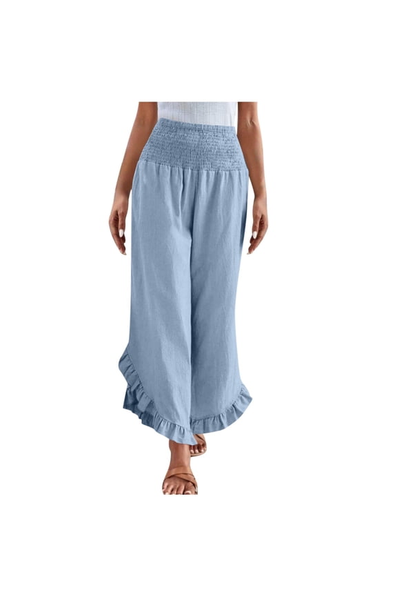 Women Linen Pants Summer Wide Leg Pants Smocked Waist Ruffle Hem Palazzo Pants Boho Flowy Beach Pants with Pocket Plazzo Pants for Women