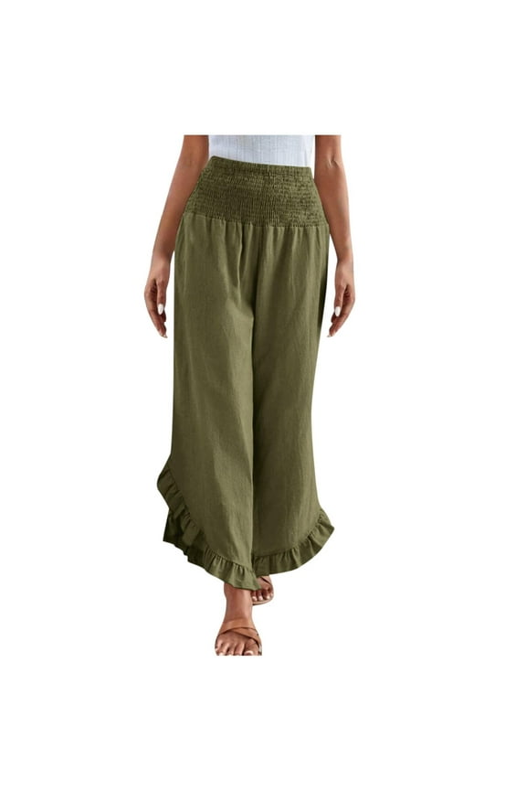 Women Linen Pants Summer Wide Leg Pants Smocked Waist Ruffle Hem Palazzo Pants Boho Flowy Beach Pants with Pocket Plazzo Pants for Women