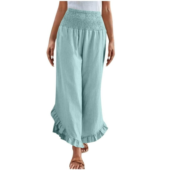 RQYYD Women Linen Pants Summer Wide Leg Pants Smocked Waist Ruffle Hem Palazzo Pants Boho Flowy Beach Pants with Pocket Plazzo Pants for Women