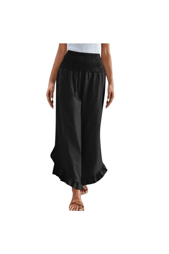 Women Linen Pants Summer Wide Leg Pants Smocked Waist Ruffle Hem Palazzo Pants Boho Flowy Beach Pants with Pocket Plazzo Pants for Women