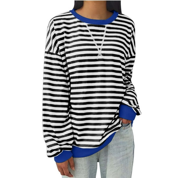 RQYYD Women Oversized Striped Color Block Long Sleeve Crew Neck Sweatshirt Casual Loose Pullover Summer Spring 2024 Y2K Shirt Top