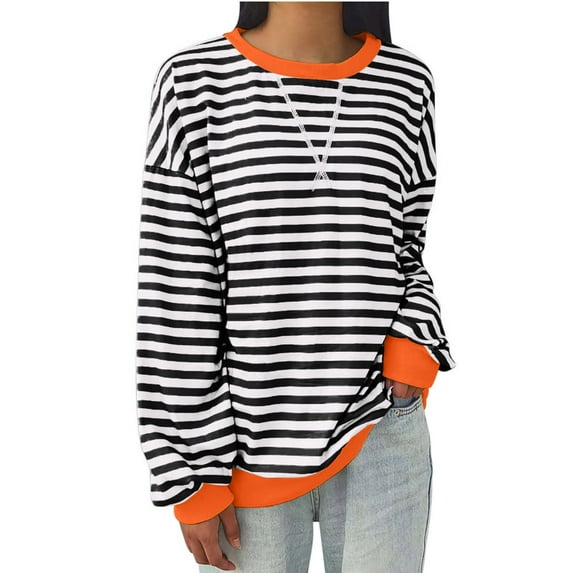 Summer Savings Clearance! RQYYD Women Oversized Striped Color Block Long Sleeve Crew Neck Sweatshirt Casual Loose Pullover Summer Spring 2024 Y2K Shirt Top