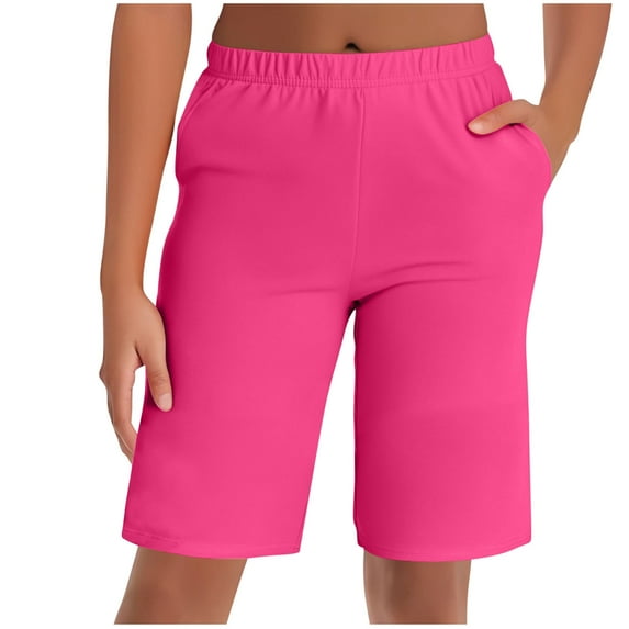 RQYYD Women's Bermuda Shorts Plus Size Long Casual Summer Knee Length Pull On Lounge Shorts with Pockets Hot Pink L