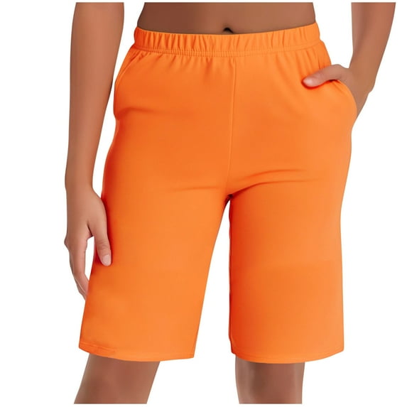 RQYYD Women's Bermuda Shorts Plus Size Long Casual Summer Knee Length Pull On Lounge Shorts with Pockets Orange L