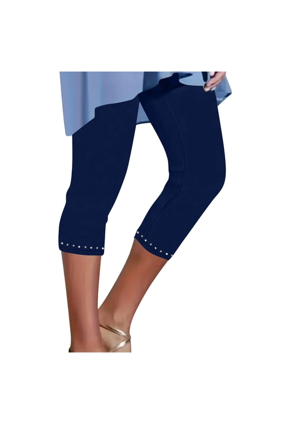 Womens Stretch Capri Pants High Waisted Rhinestone Trim Capri Leggings Workout Yoga Pants Comfy Compression Joggers Leggings for Women