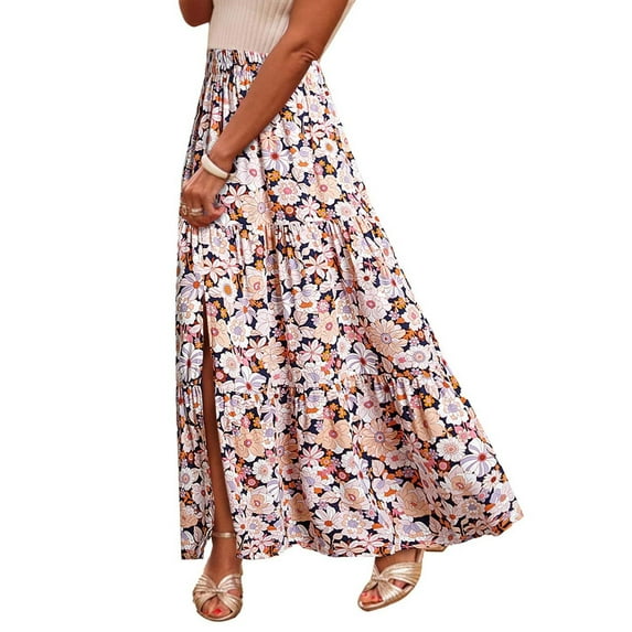 Summer Savings Clearance! Rciityk Long Skirts for Women Summer Boho Maxi Skirt Elastic High Waist A-line Floral Print Skirt Vacation Beach Skirt