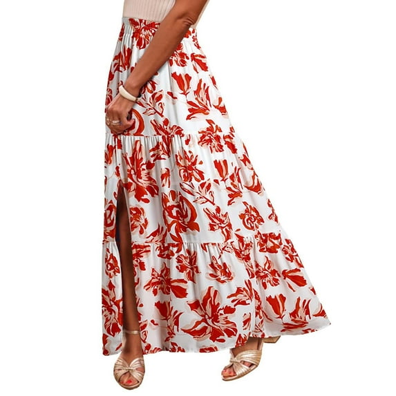 Summer Savings Clearance! Rciityk Long Skirts for Women Summer Boho Maxi Skirt Elastic High Waist A-line Floral Print Skirt Vacation Beach Skirt