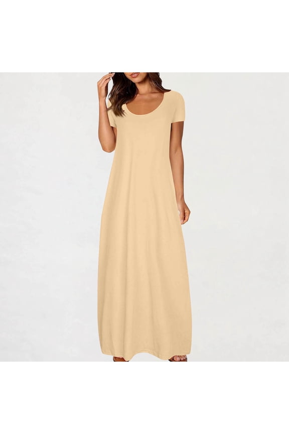 Maxi Dresses for Women Summer Short Sleeve Round Neck Long Dress Casual Loose Beach Vacation Boho Dresses with Pocket, Khaki L
