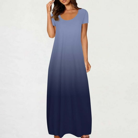 Rciityk Maxi Dresses for Women Summer Short Sleeve Round Neck Long Dress Casual Loose Beach Vacation Boho Dresses with Pocket, Navy XL