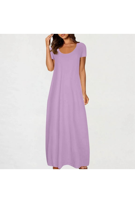 Maxi Dresses for Women Summer Short Sleeve Round Neck Long Dress Casual Loose Beach Vacation Boho Dresses with Pocket, Purple L