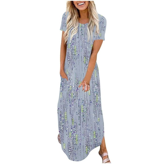 Rciityk Maxi Dresses for Women Summer Short Sleeve Round Neck Long Dress Casual Loose Beach Vacation Boho Dresses with Pocket, Purple L