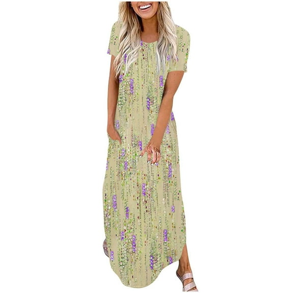 Rciityk Maxi Dresses for Women Summer Short Sleeve Round Neck Long Dress Casual Loose Beach Vacation Boho Dresses with Pocket, Yellow L