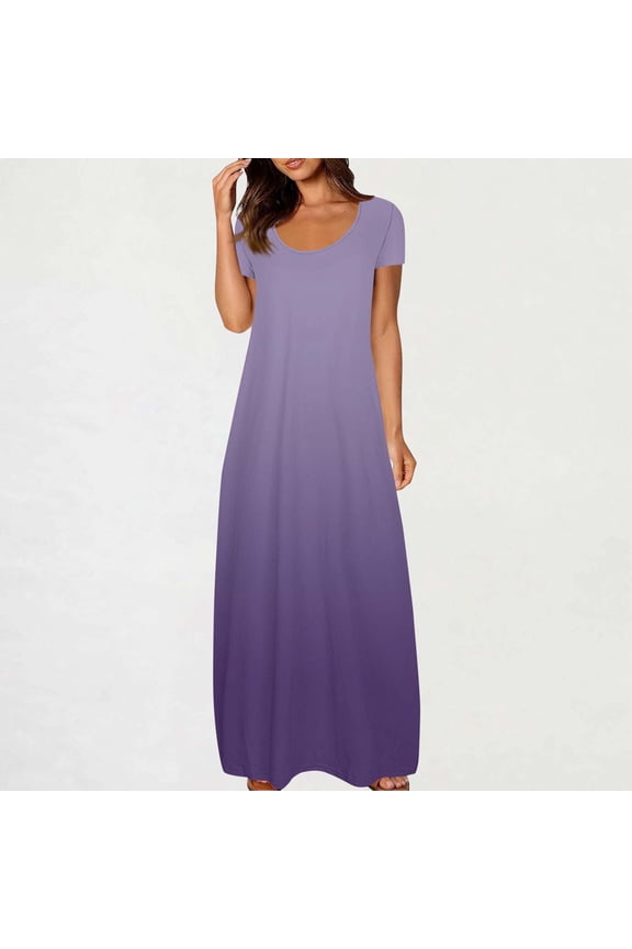 Maxi Dresses for Women Summer Short Sleeve Round Neck Long Dress Casual Loose Beach Vacation Boho Dresses with Pocket