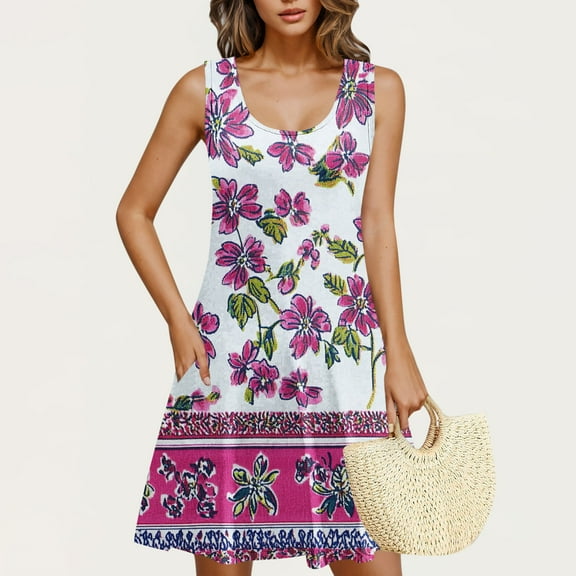 Rciityk Summer Dresses for Women Beach Boho Sundress Floral Printed Sleeveless Mini Dresses Casual Loose Tank Dress with Pockets