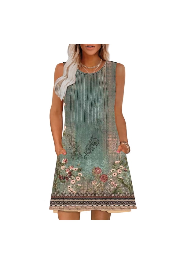 Summer Dresses for Women Beach Boho Sundress Floral Printed Sleeveless Mini Dresses Casual Loose Tank Dress with Pockets