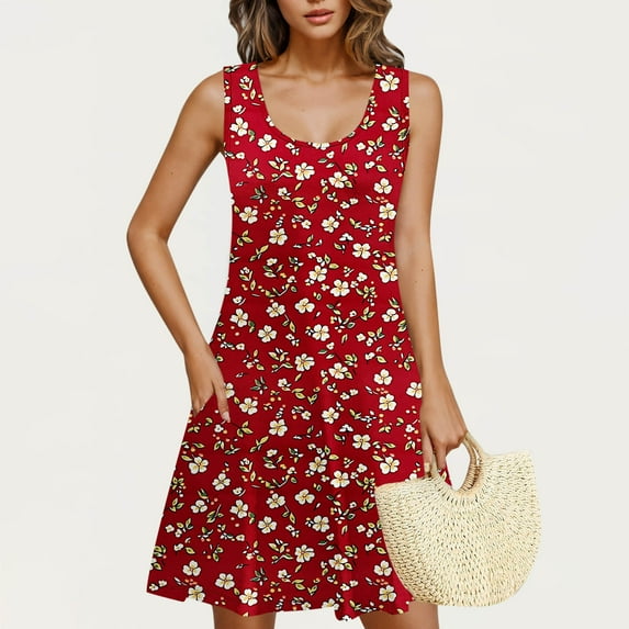 Rciityk Summer Dresses for Women Beach Boho Sundress Floral Printed Sleeveless Mini Dresses Casual Loose Tank Dress with Pockets