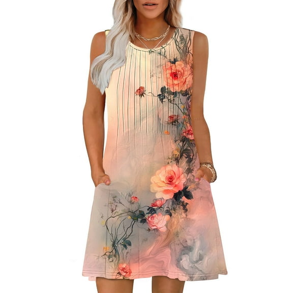 Rciityk Summer Dresses for Women Beach Boho Sundress Floral Printed Sleeveless Mini Dresses Casual Loose Tank Dress with Pockets