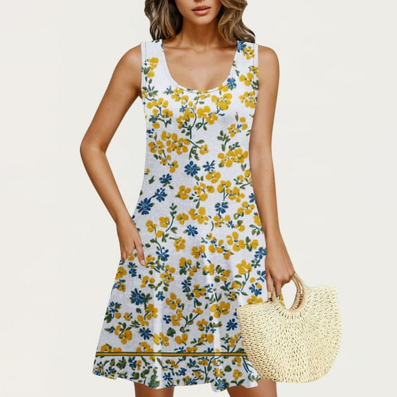 Rciityk Summer Dresses for Women Beach Boho Sundress Floral Printed Sleeveless Mini Dresses Casual Loose Tank Dress with Pockets