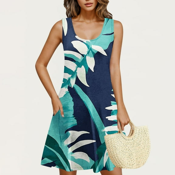 Rciityk Summer Dresses for Women Beach Floral Tshirt Sundress Casual Pockets Boho Tank Dress Loose Crew Neck Sleeveless Mini Dresses