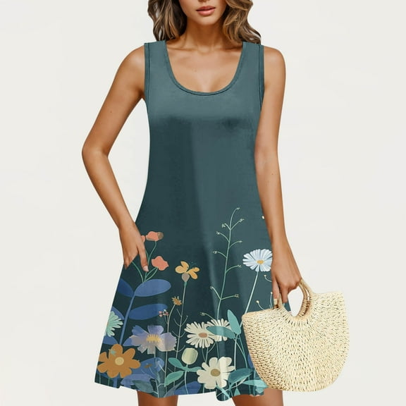 Rciityk Summer Dresses for Women Beach Floral Tshirt Sundress Casual Pockets Boho Tank Dress Loose Crew Neck Sleeveless Mini Dresses