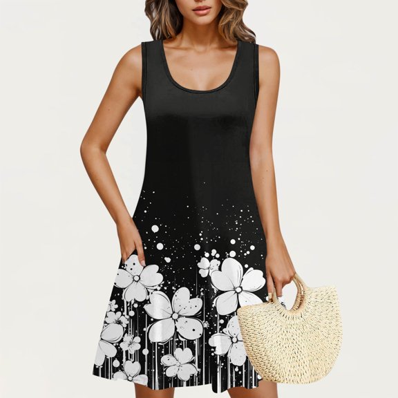Rciityk Summer Dresses for Women Beach Floral Tshirt Sundress Casual Pockets Boho Tank Dress Loose Crew Neck Sleeveless Mini Dresses