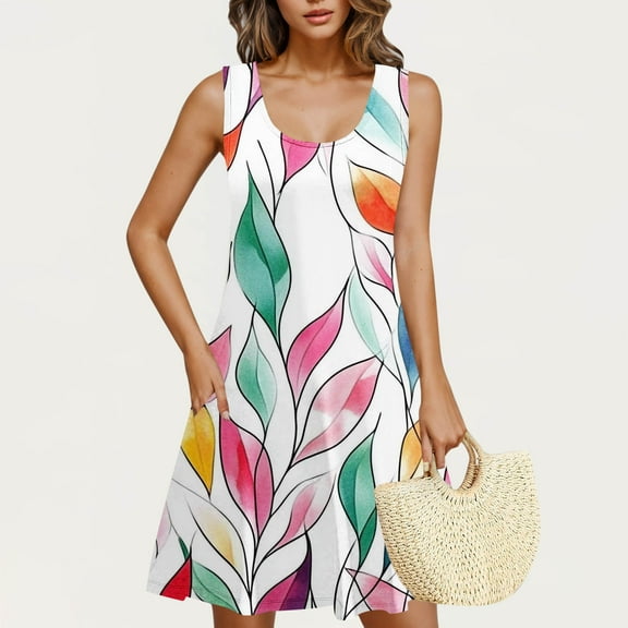 Rciityk Summer Dresses for Women Beach Floral Tshirt Sundress Casual Pockets Boho Tank Dress Loose Crew Neck Sleeveless Mini Dresses