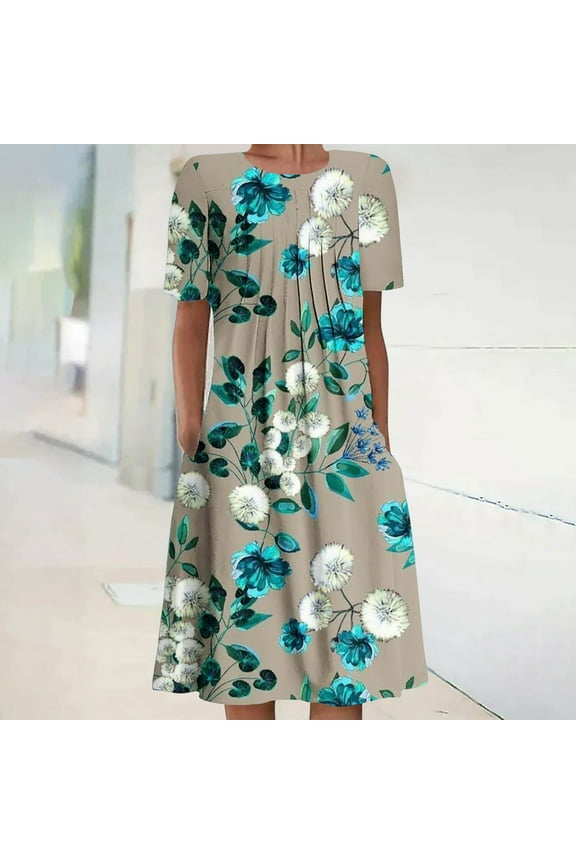 Summer Dresses for Women Beach Vacation Dress Boho Crew Neck Short Sleeve Midi Dress Vintage Floral Print Sundress with Pockets