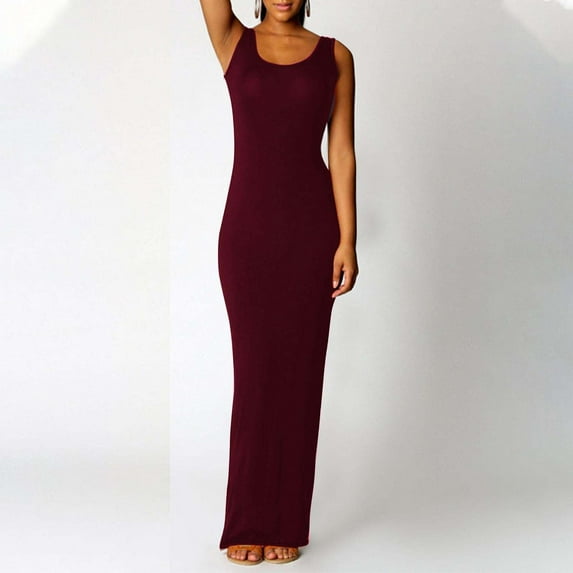 Rciityk Summer Dresses for Women Casual Sleeveless Bodycon Maxi Dress Solid Color Sexy Round Neck Long Tank Dress Beach Vacation Clothes, Wine L